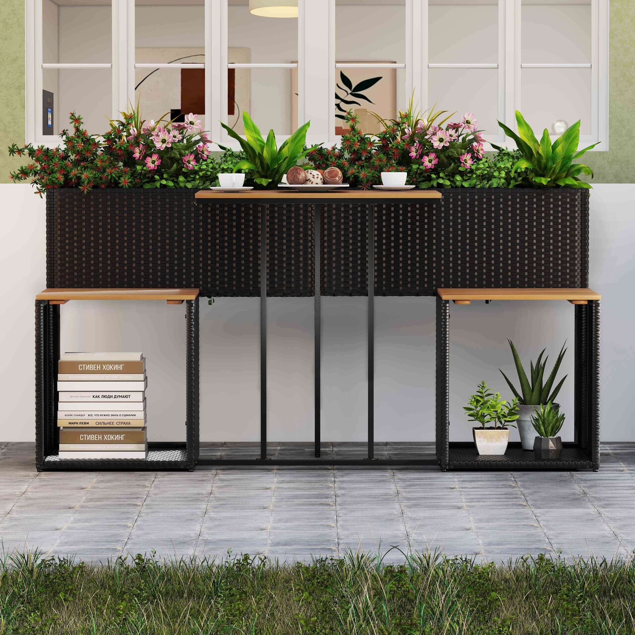 Costway Patio Furniture Set with Raised Garden Bed Built-in Chairs and Storage Space